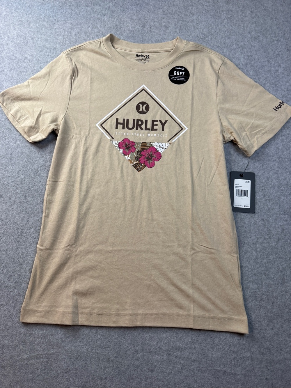 Hurley Men's Tan Graphic Diamond Logo Tee with Pink Floral